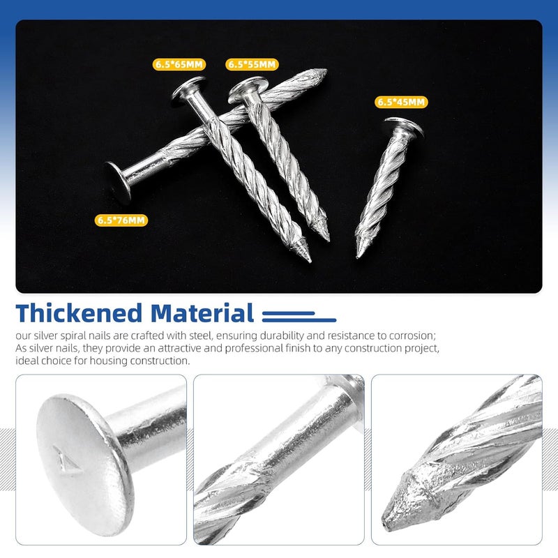Glarks 100pcs 6.5 x 45/55/65/76mm Thread Twist Nail Kit, Zinc Plated Cement Nails, Steel Nail, Galvanized Solid Nail, Wall Pins Tacks Nails for Cinder Block, Concrete Walls, Cement Board, Woodworking - Image 4